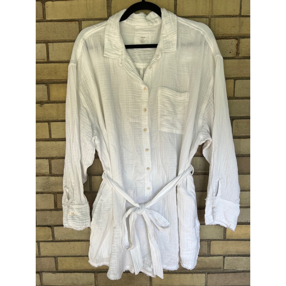 Aerie White Cotton Gauze Long Sleeve Button Down Tie Waist Romper Size Large